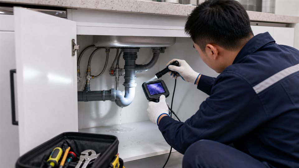 厨房隐蔽管漏水检测现场